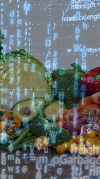 Produce resting on tabletop, projection firing, code grid casting over produce, showing food tech