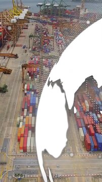 White globe entering right starting dotted sweep, showing cargo and cranes, guiding shipping lanes