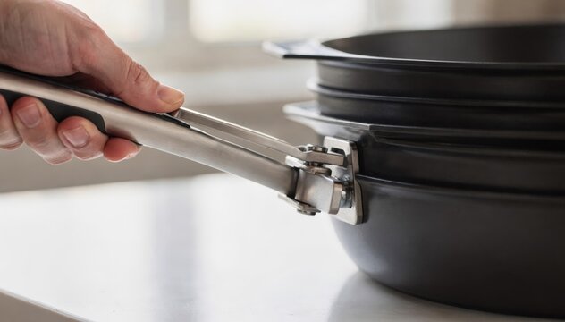 Medium shot capturing a slidelock handle mechanism being securely fastened onto a pan highlighting smooth interchangeability and innovative storage solutions.