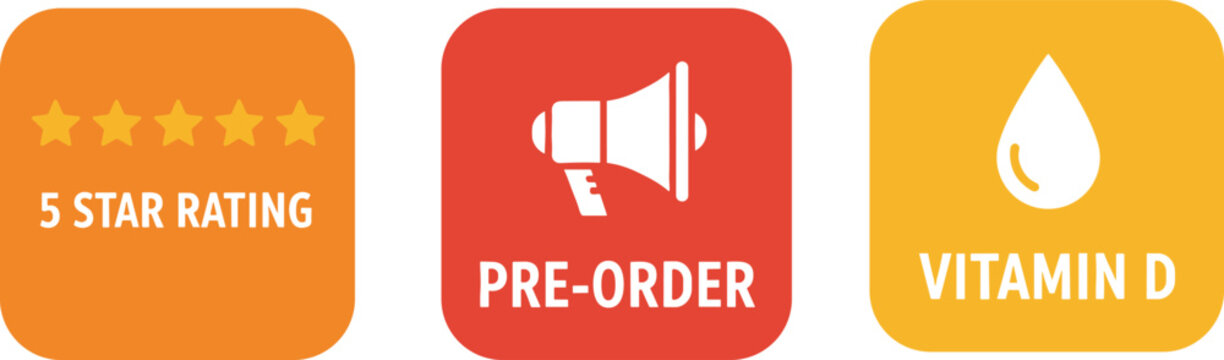 Vector illustration of promotional badges with star rating, pre‑order megaphone, and vitamin D droplet icons for marketing designs