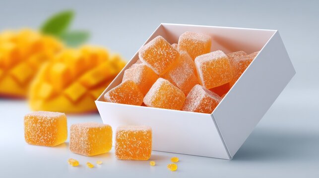 Mango flavored gummy candies covered in sugar in white gift box with mango fruit in background