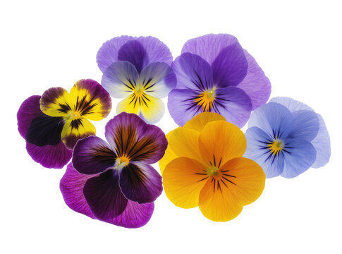Isolated collection of beautiful vibrant colorful pansy flowers in various hues and shades