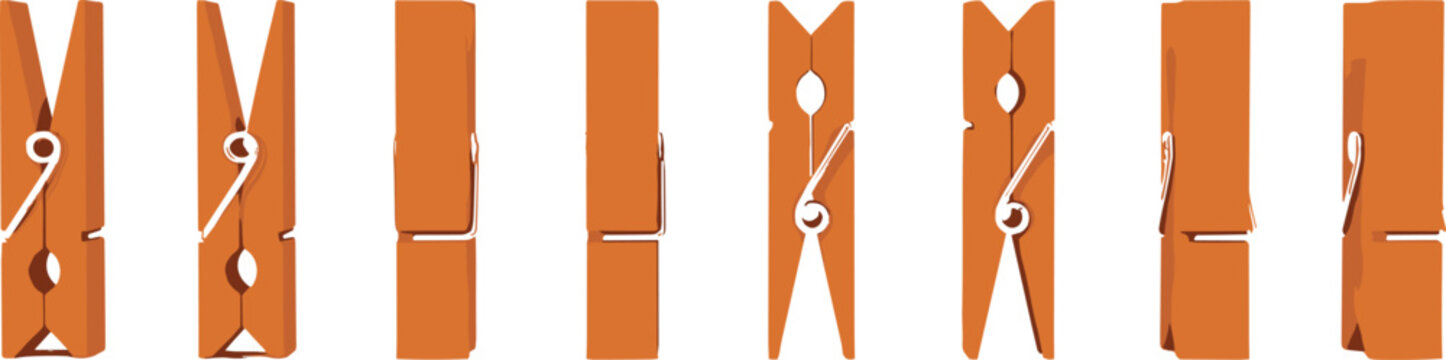 Vector illustration of wooden clothespins with metal springs shown from multiple angles for household and everyday object designs