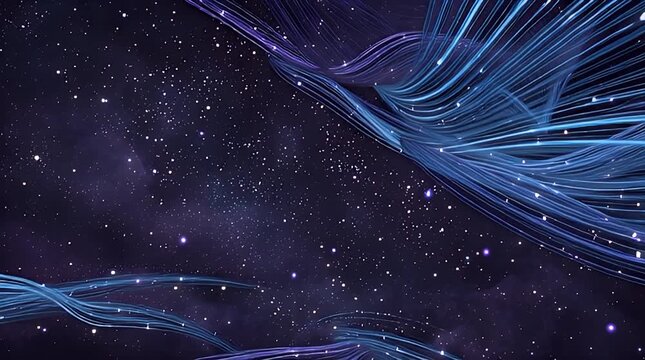A cosmic scene depicting a star-filled night sky interwoven with flowing, luminous strands of blue and purple energy