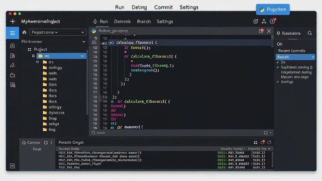 software developer coding in dark mode IDE with multiple monitors at night