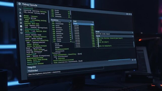 computer screen displaying coding software in a dark room