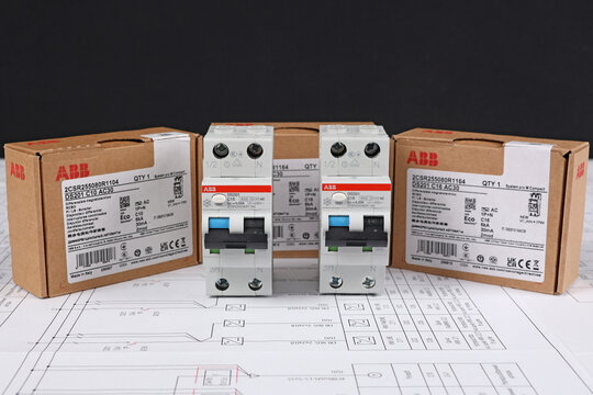 Circuit breakers from ABB to protect electrical loads from short-circuiting. Installed in the electrical control panel. 