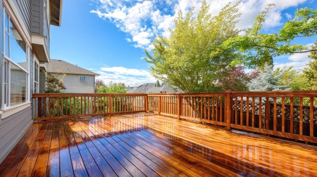 Freshly stained wooden deck in a suburban backyard
