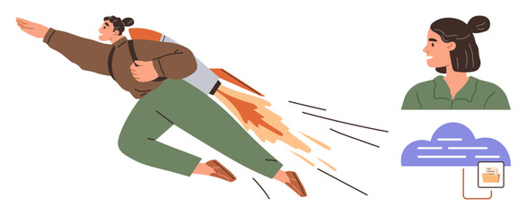 Innovation, digital connectivity, personal growth, cloud computing, mobility, modern solutions. Person with a rocket backpack and cloud storage icon. Innovation and digital connectivity concept © robu_s