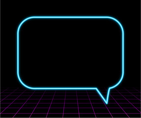 Glowing neon speech bubble frame on dark retro grid background with futuristic cyber style copy space for chat message banner streaming overlay gaming title or technology poster design © ARTFUL