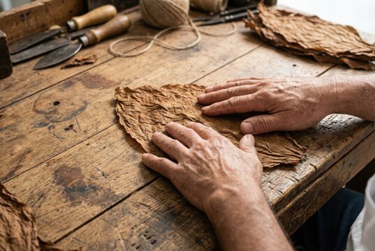 Artisan with rough hands selecting and preparing dried brown tobacco leaves for rolling cigars on a wooden table