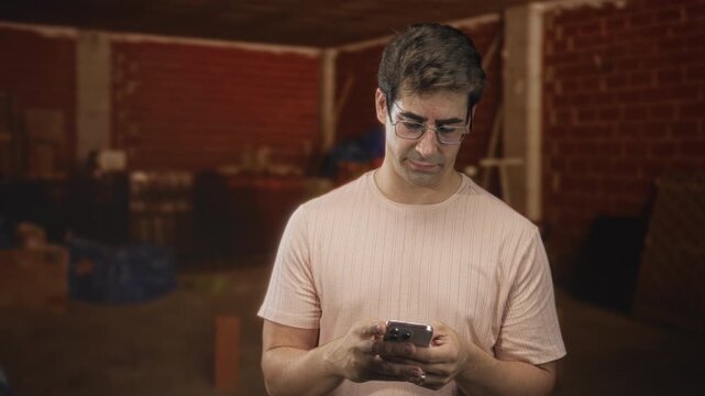 Man holding smartphone with both hands, thumbs texting, wearing glasses and a tshirt while standing in a dim storage building surrounded by boxes and a ladder; quiet contemplation.