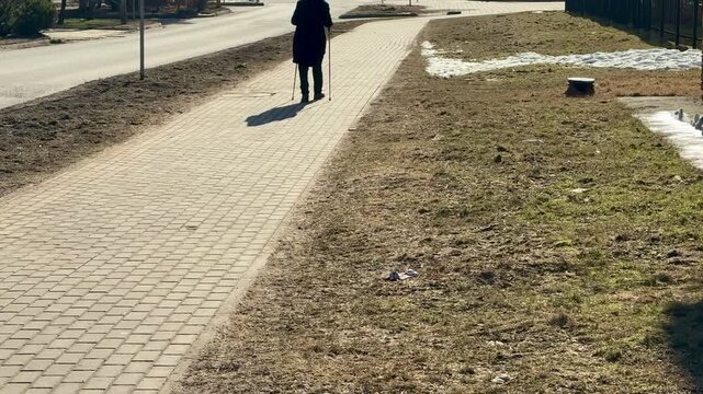 Woman Nordic walking shaded park path, brisk stride with poles and long shadow cast on paving, lea strewn verge, cool crisp light.