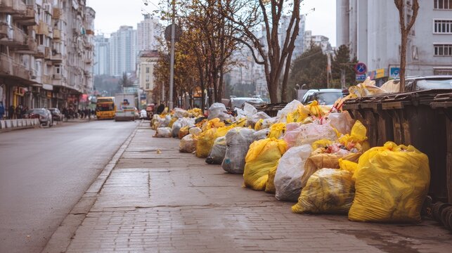 Trash bags piled up on a city sidewalk