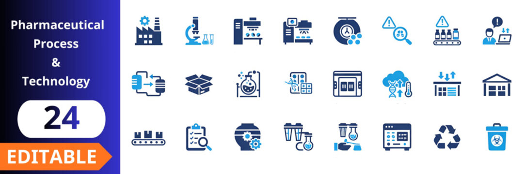 Pharmaceutical process technology flat icons set. laboratory research, drug manufacturing, quality control, production line, medical analysis, automation systems