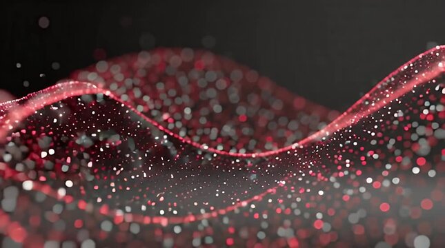 A flowing, abstract form comprised of shimmering particles in shades of red, with bokeh effects on a dark background