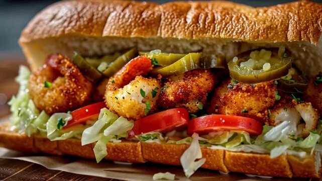 Cinematic close up of a po boy sandwich as seasoning sprinkles from above, capturing rich Cajun flavors, crispy bread, and juicy filling in a dynamic food scene inspired by New Orleans cuisine