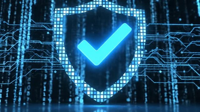 Glowing blue shield with checkmark on circuit board background representing cybersecurity and data protection