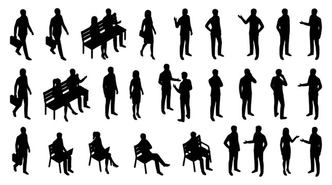 Isometric Black Silhouette People Vector Set: Men and Women Sitting on Benches, Walking, and Talking