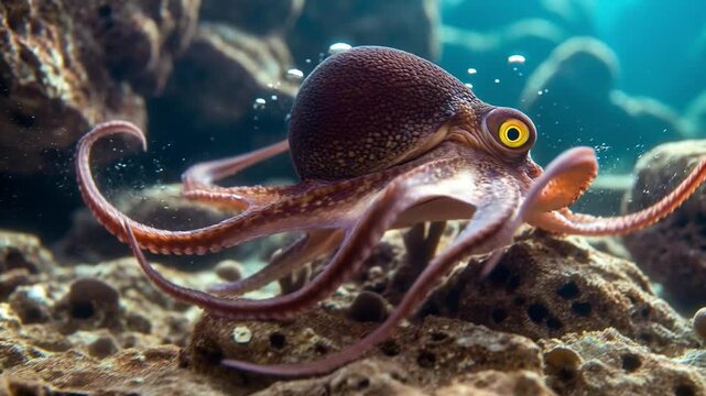 A captivating portrait of an octopus showcases its remarkable camouflage and intelligence, as it navigates the mesmerizing underwater world with grace.