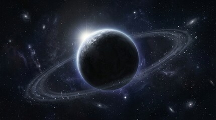 Obraz premium Dark planet in space with bright light and cosmic dust A celestial body surrounded by stardust