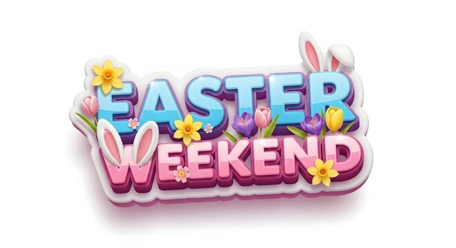 Festive easter weekend graphic with colorful letters and floral accents