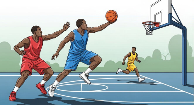 Basketball players competing in a fast paced game on court.