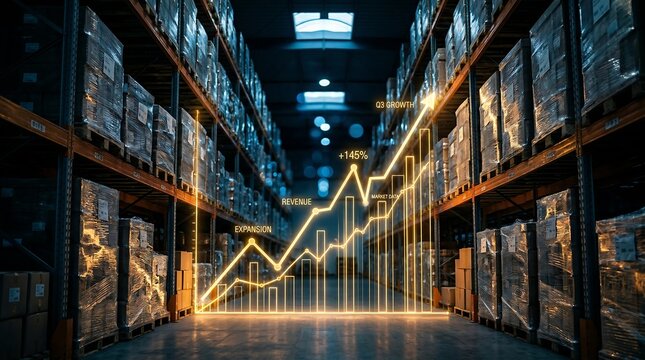 Visualizing business growth and efficient supply chain management an upward-trending digital graph overlaid on a modern warehouse filled with stocked inventory