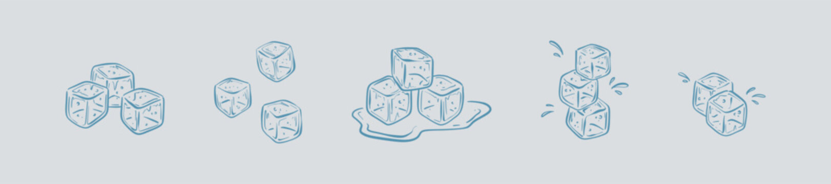 Hand drawn crayon sketch ice cubes in cold blue water. Cold drink freezing. Ice block pyramid, tower, building. Sugar falling into liquid splash. Doodle outline icon set freehand vector illustration