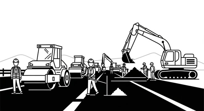 Construction workers and heavy machinery working on road construction project.