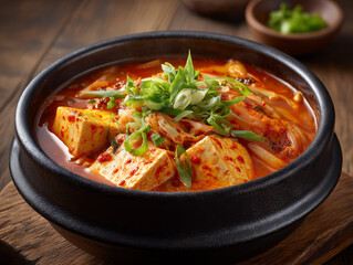 Fototapeta premium Kimchi jjigae, korean spicy tofu stew in a stone bowl