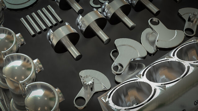 Shiny Engine Cylinder Block And Pistons Mechanical Parts 3d render.