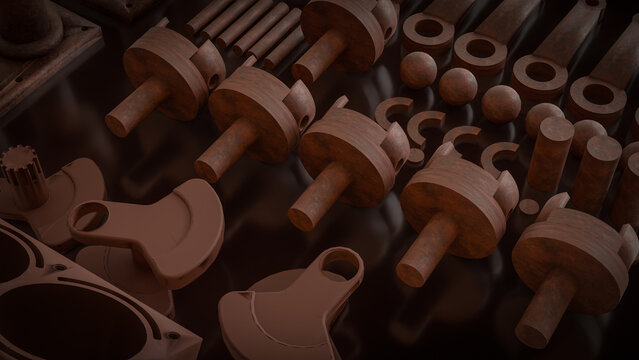 Engine Cylinder Block And Pistons Mechanical Parts 3d render.