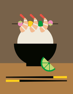 Rice Bowl with Chopsticks, Shrimp Skewer and Lemon Slice