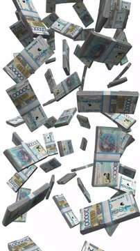 Vertical Kazakhstan Money, Falling Kazakh Tenge Bills, Saka Style Cash Stacks, 4K