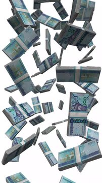 Vertical Turkmenistan Money, Falling Turkmen Manat Bills, Cash Stacks Isolated on White, 4K
