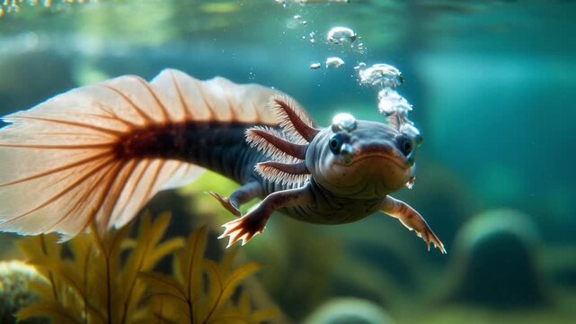 An underwater portrait of a vibrant newt gliding gracefully through the water, with bubbles rising, capturing the beauty of aquatic life.