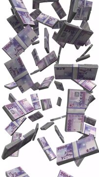 Vertical Taiwan Money, Falling TWD Bills, Cash Stacks Isolated on White, 4K