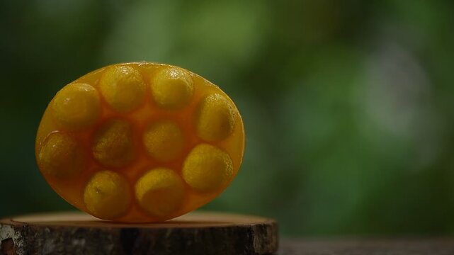 Silk cocoon glycerin soap on natural background.