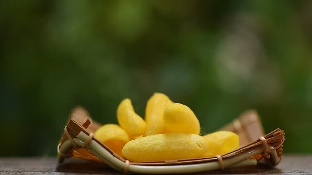 Honey-coated silk cocoon facial scrub on natural background.