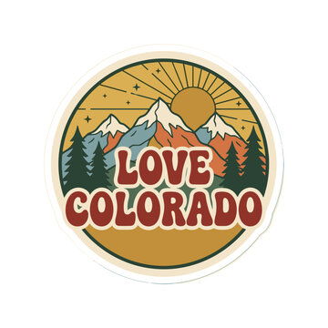 Retro mountain sticker illustration featuring LOVE COLORADO in bold rounded typography, surrounded by snow-capped peaks, pine