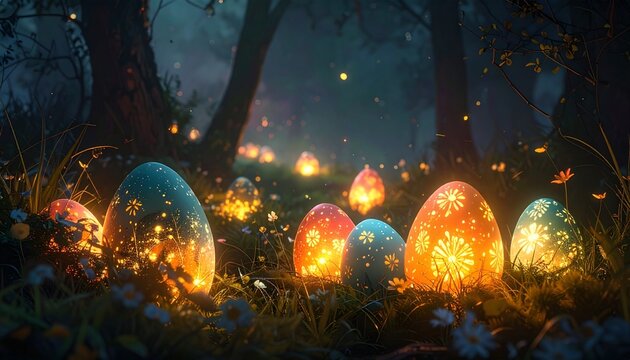 Magical glowing Easter eggs with intricate cutout patterns shining with a warm golden light in an enchanted forest at night. A whimsical and festive scene for the spring holiday celebration.