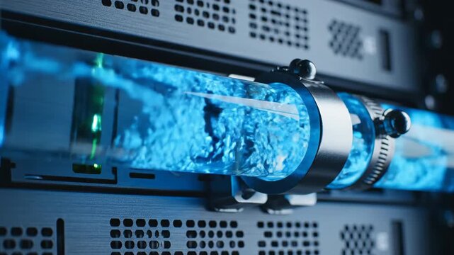Data Server Liquid Cooling: High-tech view of data servers with innovative liquid cooling system, showcasing the future of efficient and advanced cooling solutions.