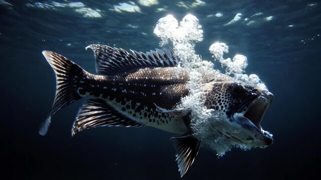 A fascinating underwater glimpse, where a speckled fish with open mouth is exhaling bubbles into a tranquil ocean, creating a captivating spectacle of aquatic life.