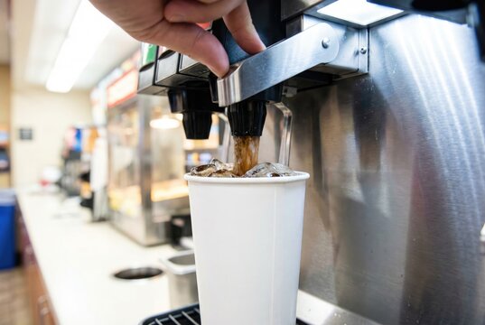 Hand pushing the lever of a self service fountain machine to fill a white paper cup with dark soda and ice