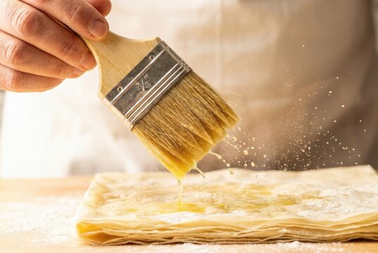 Baker brushing melted butter onto thin stacked sheets of phyllo dough with a wooden pastry brush