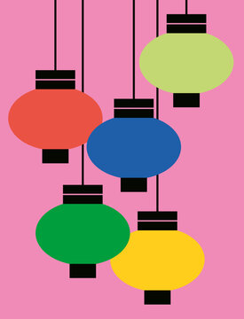 Five Colorful Lanterns on Pink Background