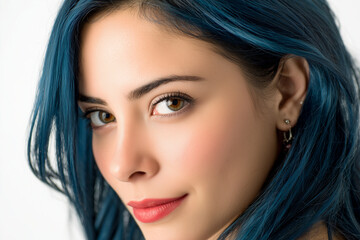 Naklejka premium Close-up Portrait of Latina Woman with Blue Hair and Detailed Expressive Eyes