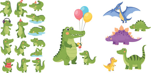 Cute Cartoon Crocodile and Dinosaur Characters Set with Balloons, Animals in Various Poses for Kids and Fun Designs © Lipi