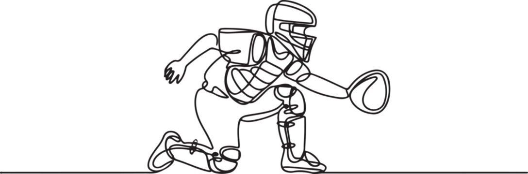 young agile professional baseball catcher player in action. Sport exercise concept. one line art icon drawing vector